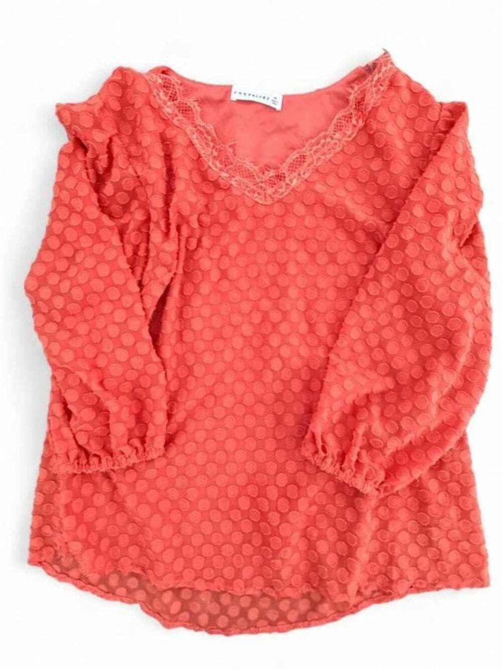Coral Polka Dot Lace Trim Ruffle Sleeve Blouse Size M